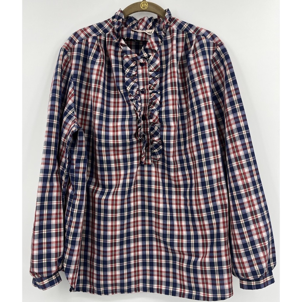 Vintage Donald Howard Ruffle Plaid Popover Blouse Size XL Long Sleeve